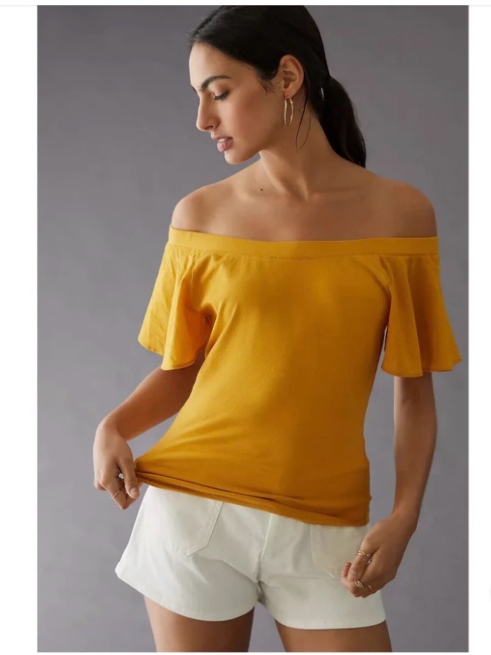 NWOT Anthropologie Off-Shoulder Flutter Sleeve Camisole in Mustard small